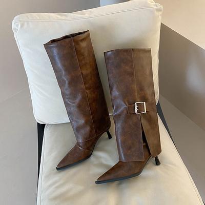 Высокие сапоги Искать предел. Ботильоны с острым носком, рукавом, металлической пряжкой, нескользящей и износостойкой подошвой, тонким каблуком