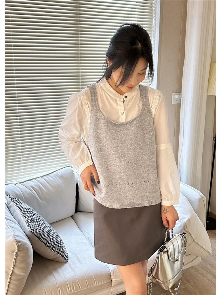 Двусторонний вязаный жилет без рукавов с галстуком-бабочкой - Модный осенний многослойный образ для женщин