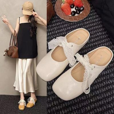 Французские кружевные шнурки полуволочащиеся женская верхняя одежда 2025 лето новые сандалии Мэри Джейн на плоской подошве с кружевным бантом