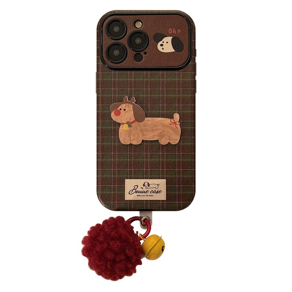 Retro Checkered Suits Apple 16 Mobile Phone Case IPhone 15 Christmas Puppy 14promax Leather 13 Plush Rope