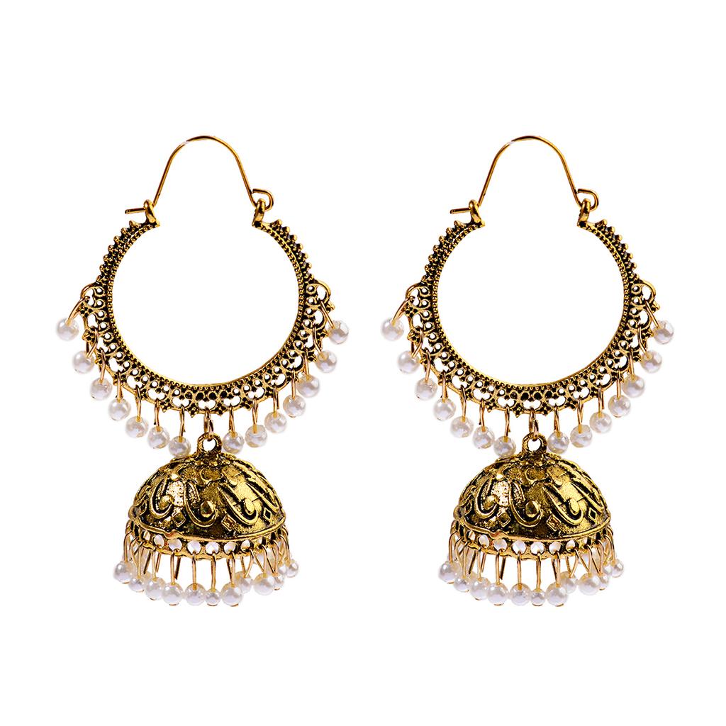Women‘s Boho Ethnic Gold Copper Plated Jhumka Indian Earring Gypsy Zircon Vintage Big Bells Dangle Hanging Earrings For Women