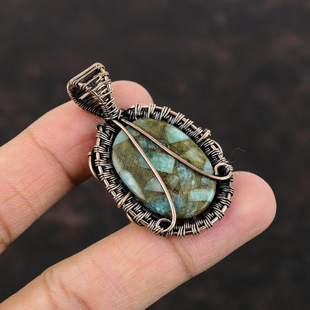 Медный амазонитовый кулон, обернутый медной проволокой, подлинный драгоценный камень, кулон ручной работы, медная проволока, элегантный кулон для подарка