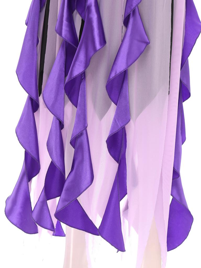 Женские костюмы для косплея «Ведьма-русалка» на Хэллоуин, прозрачное сетчатое платье с длинными рукавами и каскадными оборками, асимметричное платье