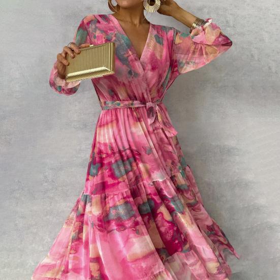 Женское вечернее платье в стиле пэчворк с V-образным вырезом на шнуровке на талии в богемном стиле с рукавами-фонариками плиссированное шифоновое платье макси с красочным принтом трапециевидной формы с большим подолом