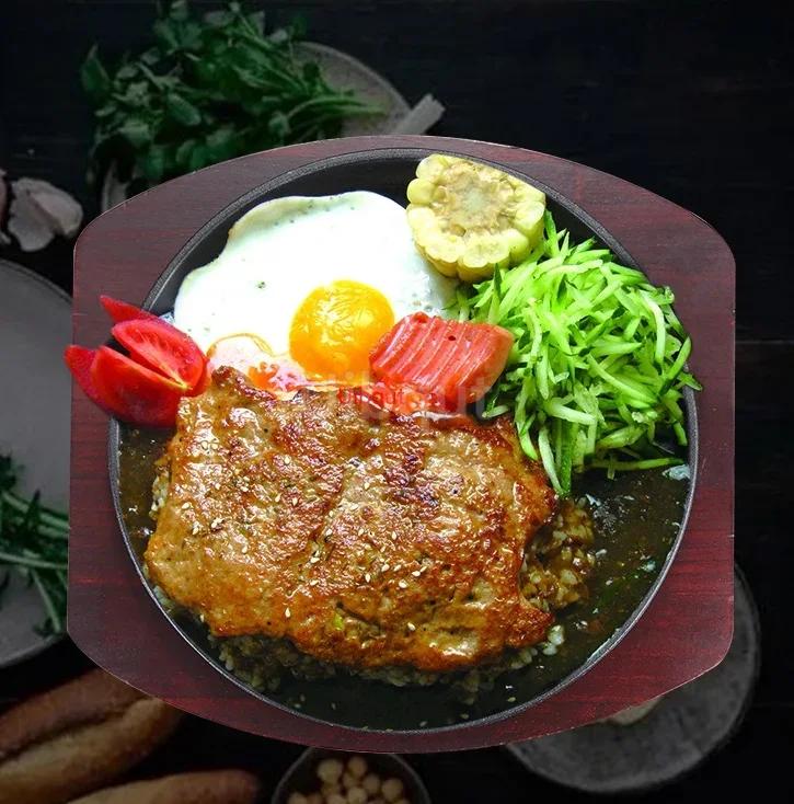 Korean cast iron barbecue pot fried striped steak BBQ grilled plate round household baking raosting pan wooden tray kitchen pan