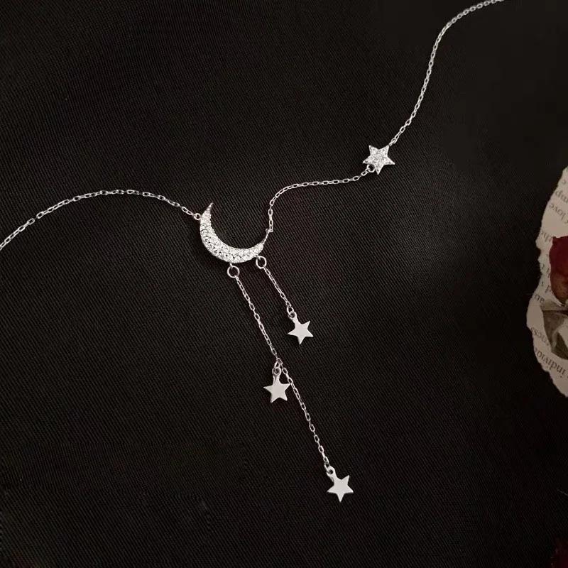 New Fashionable Star Moon Tassel Necklace Niche Design Adjustable Star Moon Women's Minimalist Style Pendant Collarbone Chain