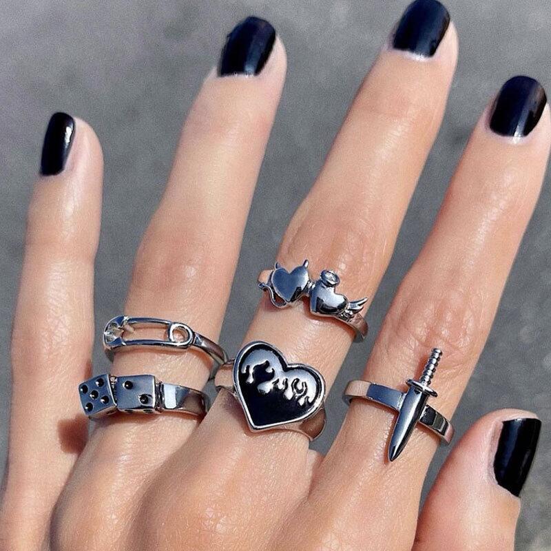 iF ME Punk Vintage Silver Color Poker Billiards Ring Set for Women Gothic Heart Anillos Hip Hop Y2k Korean Fashion Male Gift Jewelry