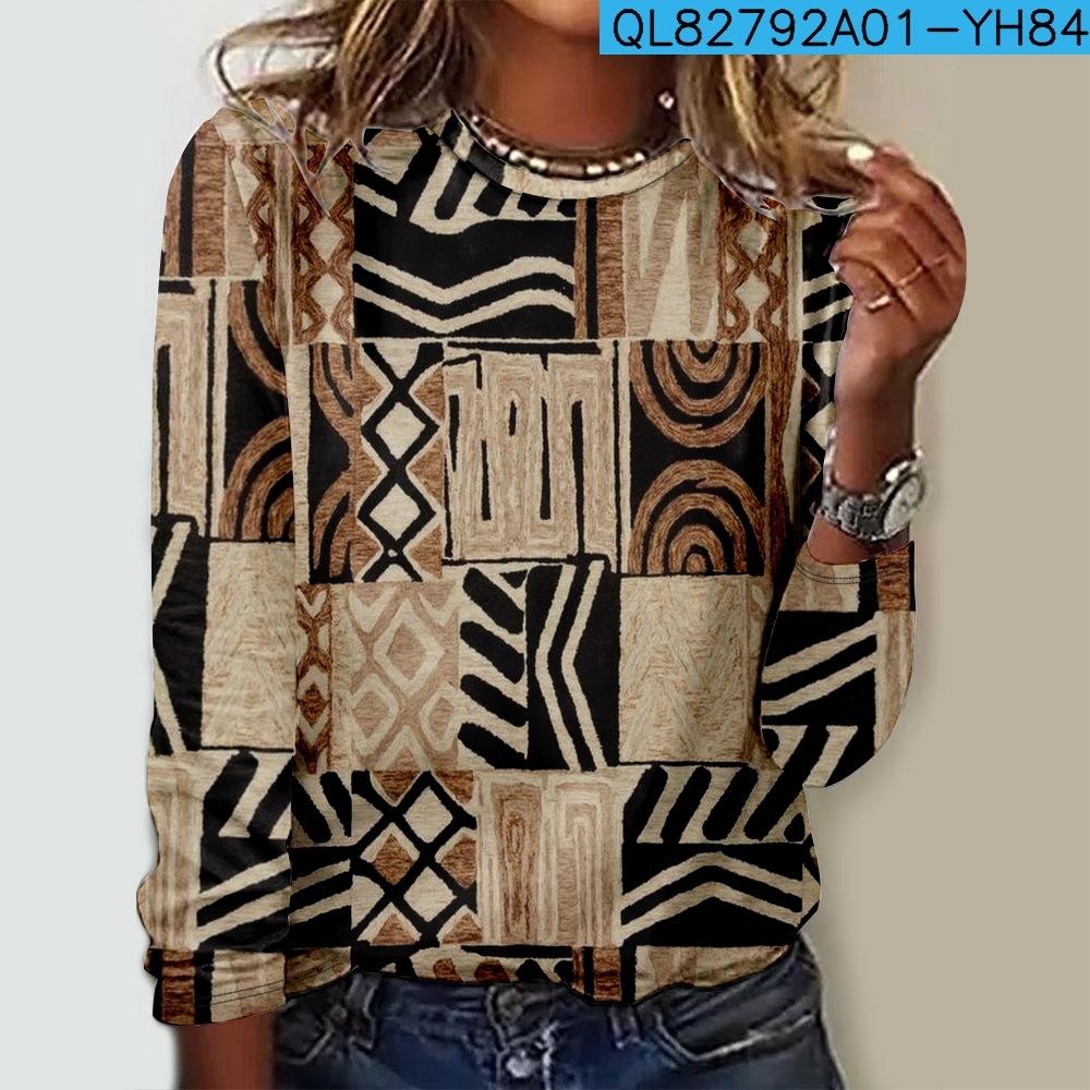 Round Neck 3D Ethnic Geometric Pattern Printed Top Fashionable Casual Long Sleeved Women's T-shirts