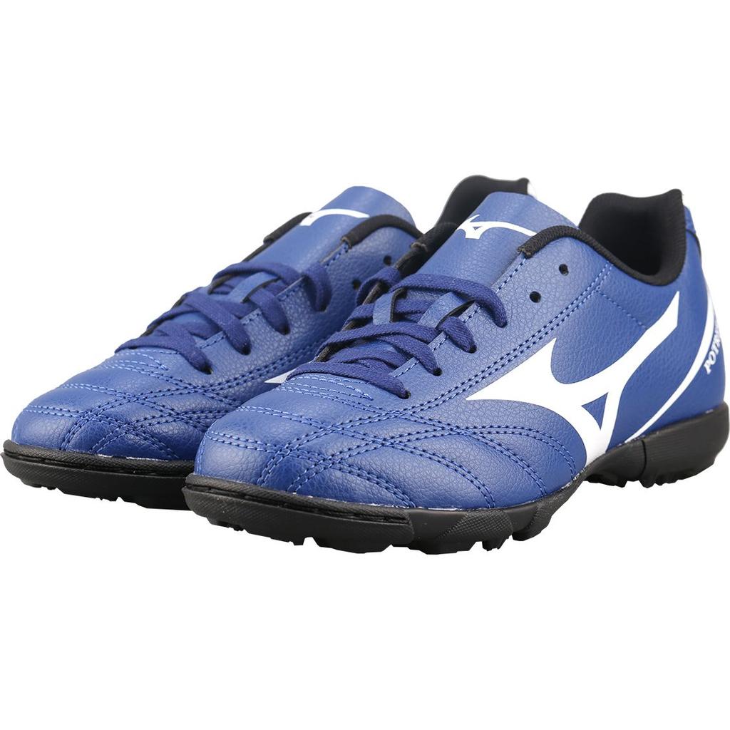 Mizuno Потреро Вайд Джуниор. Круглый носок, шнуровка, нескользящие, прочные, низкие, детские футбольные бутсы, детские футбольные бутсы, сине-белые, P1GE189227