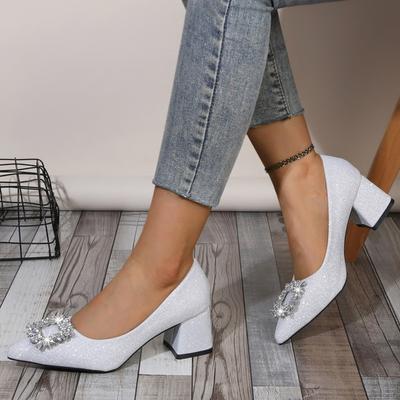 Туфли женские осенние новые с квадратной пуговицей из стразов, на блочном каблуке, с острым носком и мелким вырезом, слипоны на высоком каблуке