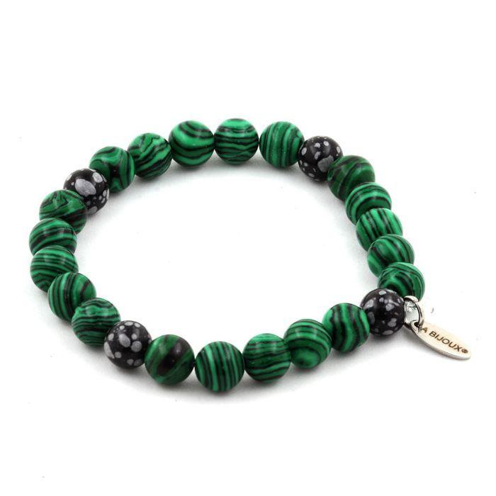 Stones and Minerals. Malachite + Snowflake Obsidian Bead Bracelet 8 Mm. Made In France.
