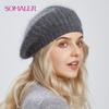 Зимний шерстяной берет для женщин, берет из ангорского кролика, шапка-бини, теплые шапки во французском стиле для девочек