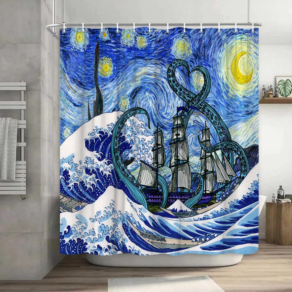 Смешная занавеска для душа Brave Cat Cartoon Душевая занавеска Waves Ocean Decor Ткань Душевая занавеска Set with Hooks Bathroom Decoration