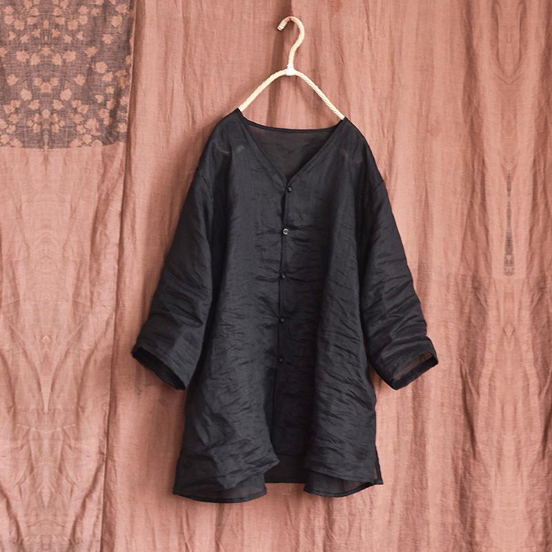 Johnature Женские винтажные рубашки в китайском стиле, топы, однотонные тонкие блузки, летние рубашки с семью рукавами и пуговицами