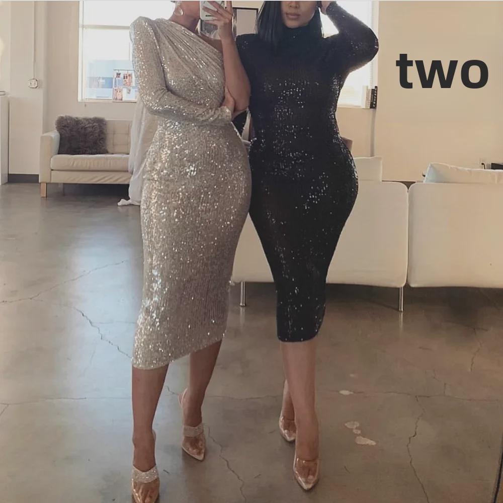 2025 European/American One-Shoulder Sequin Evening Dress with Oblique Collar