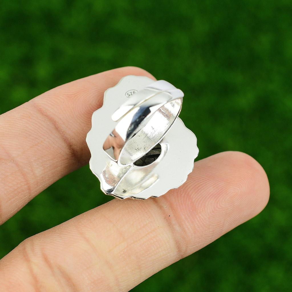 Кольцо Арт-деко из стерлингового серебра 925 пробы с черным рутиловым камнем в безеле в виде цветка, обещание сестры