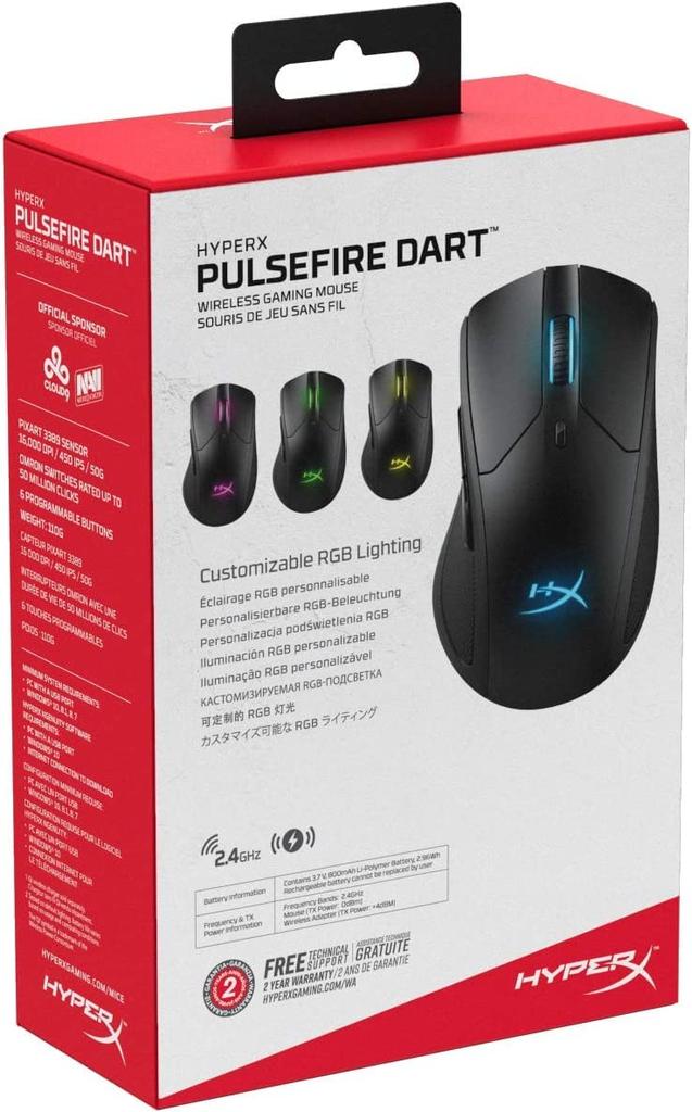 HyperX Pulsefire Dart RGB Беспроводная Игровая Qi для Мыши, Совместимая, для Геймеров, 2-летняя Гарантия, HX-MC006B (4P5Q4AA) [Использовал]