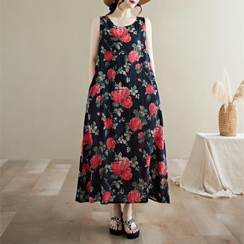 Новое хлопковое винтажное платье с цветочным принтом без рукавов больших размеров для женщин, повседневное свободное длинное летнее платье