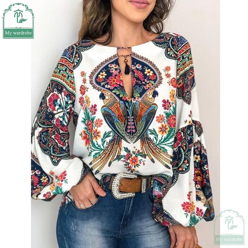 Women Bohemian Clothing Shirt Vintage Floral Print Tops Ladies Blouses Balloon Sleeve Shirt