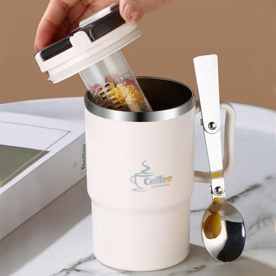 Кофейная кружка из нержавеющей стали, термостакан для воды с крышкой-соломинкой для отделения чая и складной ложкой, дорожная кружка без содержания бисфенола А