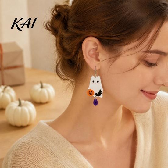 Colorful Patterned Ear Ornaments 1 Pair 2D Acrylic Halloween Dangle Drop Earrings for Women, Fashionable Daily Wear Spooky Ghost Cat Pumpkin Earrings,