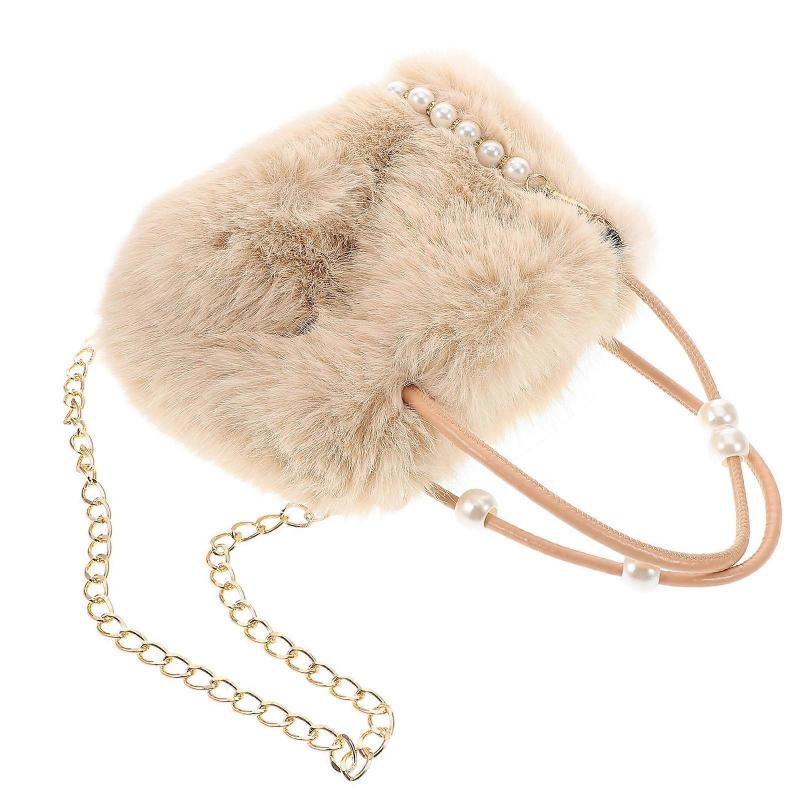 Plush Fluffy Tote Bag for Women with Pearl Chain, Large Capacity Elegant Shoulder Handbag for Winter, Versatile Crossbody Purse