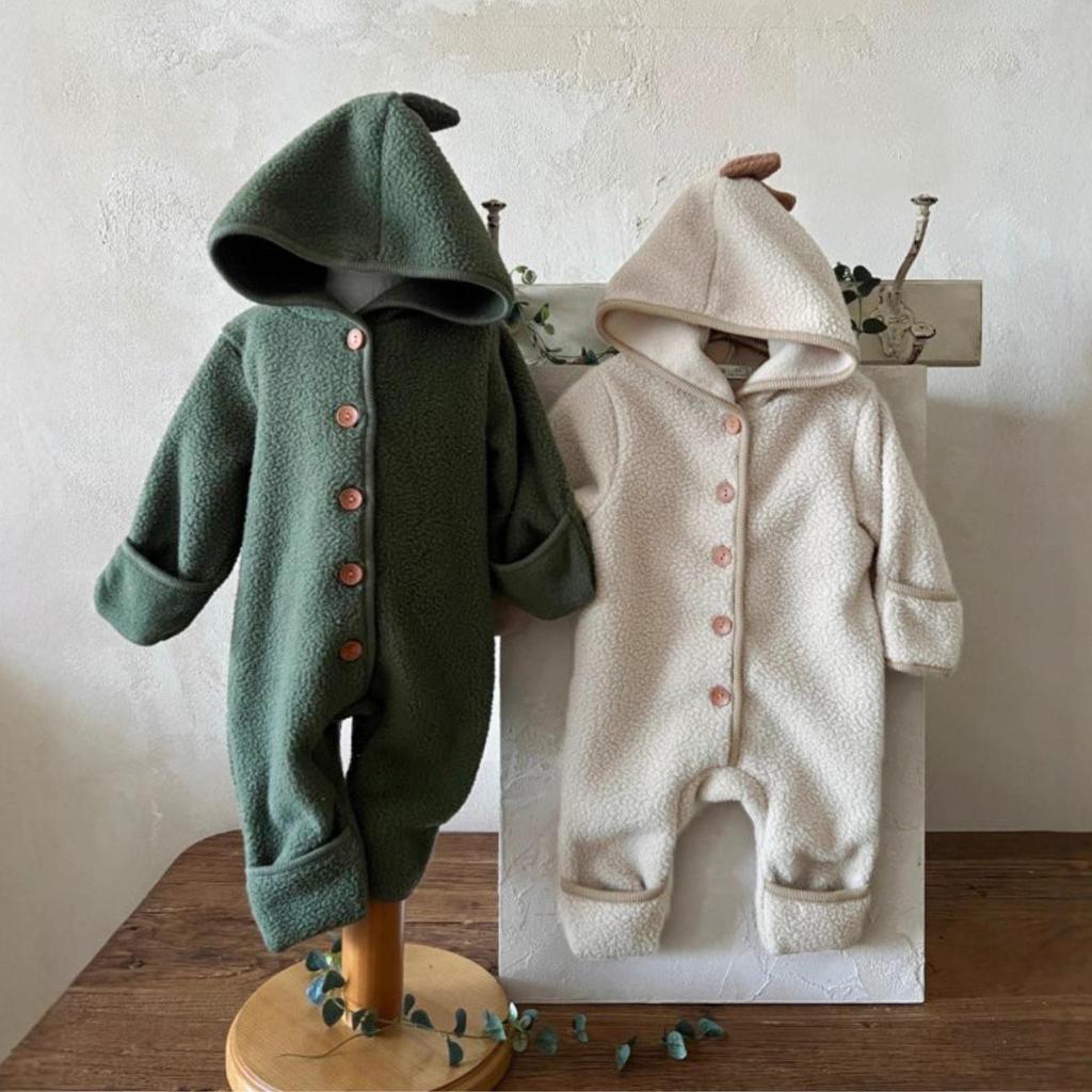 Двусторонний флисовый комбинезон с капюшоном и ветрозащитными манжетами для малыша с динозавром