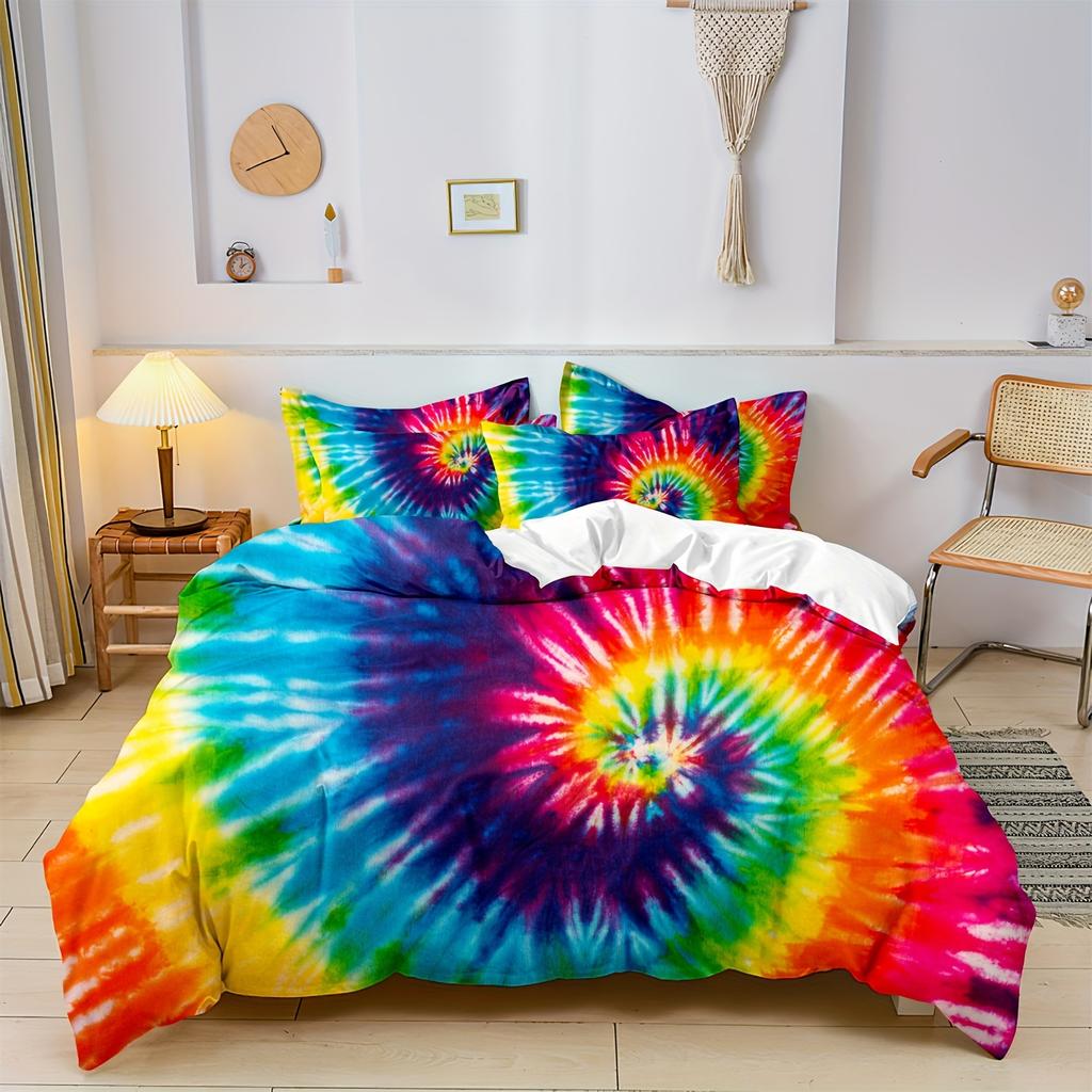 2/3Pcs Boho Bedding Yellow Blue Spiral Tie Dye Bedding Bohemian Gypsy Hippie Duvet Cover Set For Bedroom, Guest Room