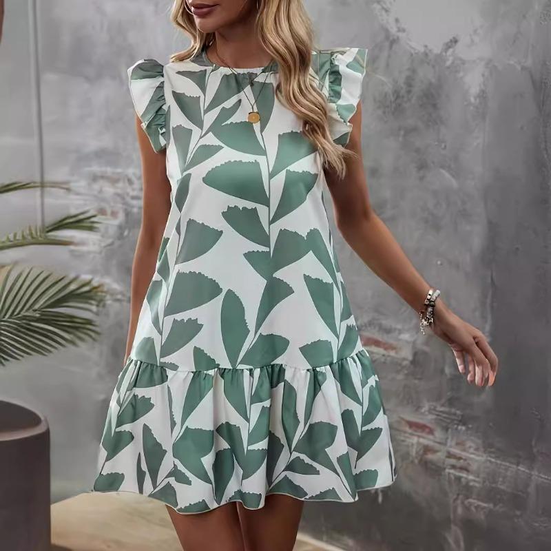2024 Лето Свободные повседневные платья с рюшами и рукавами Женское короткое платье с круглым вырезом и принтом Женская мода Элегантное праздничное пляжное платье трапециевидной формы 24500