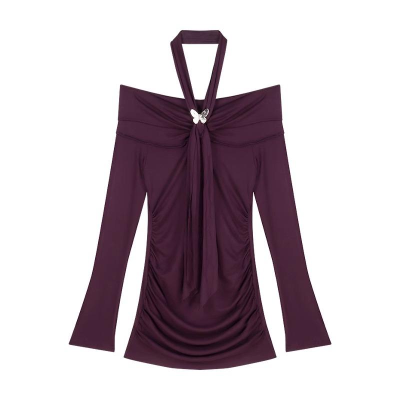 Pure desire sexy one-word shoulder neck long-sleeved dress women's autumn new slim and thin pleated hip-wrapped short skirt