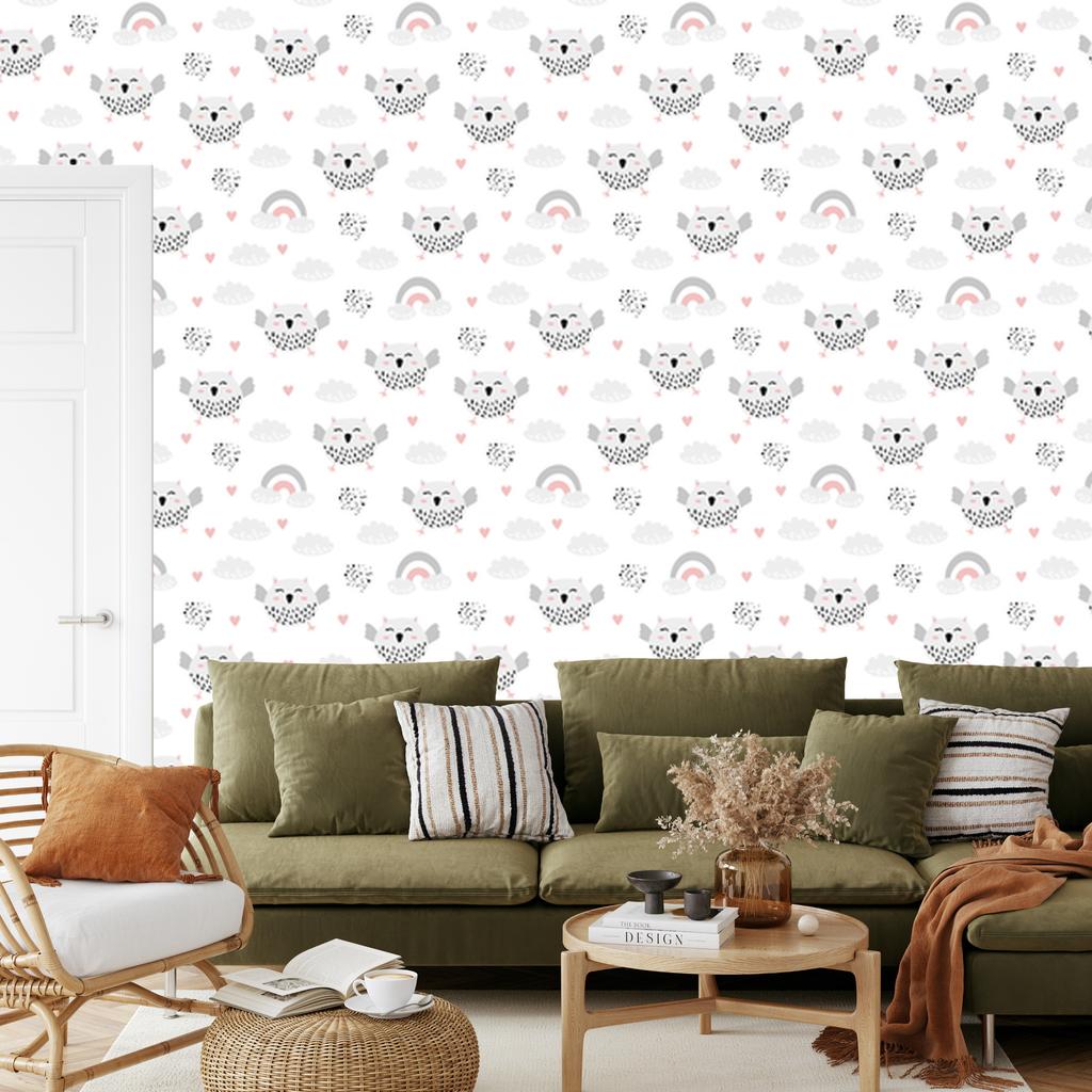 Wallpaper Owls with hearts in the background for the living room and bedroom 50x1000