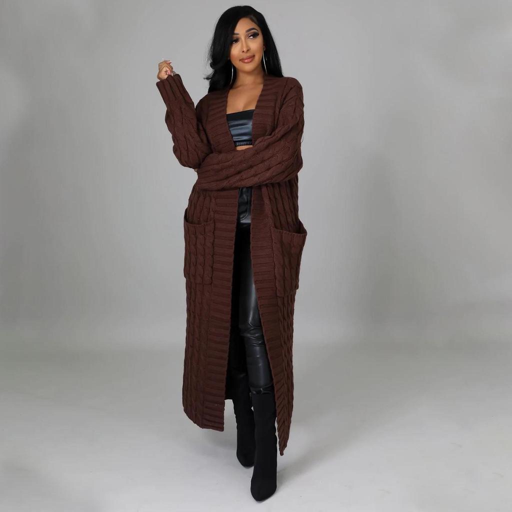 2025 New Women's Fashion Long Sleeve Pocket Cardigan – Autumn/Winter Pure Color Sweater