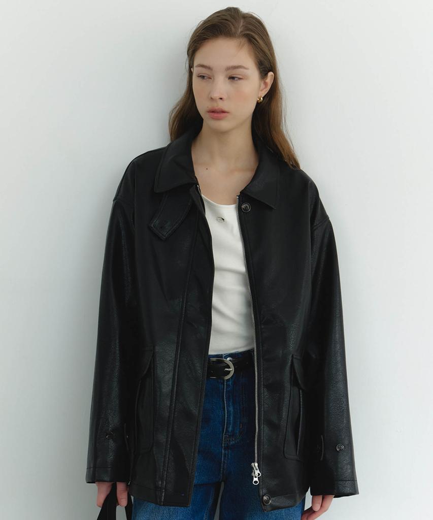GNOHNOEY Button Leather Half Jacket (Black)