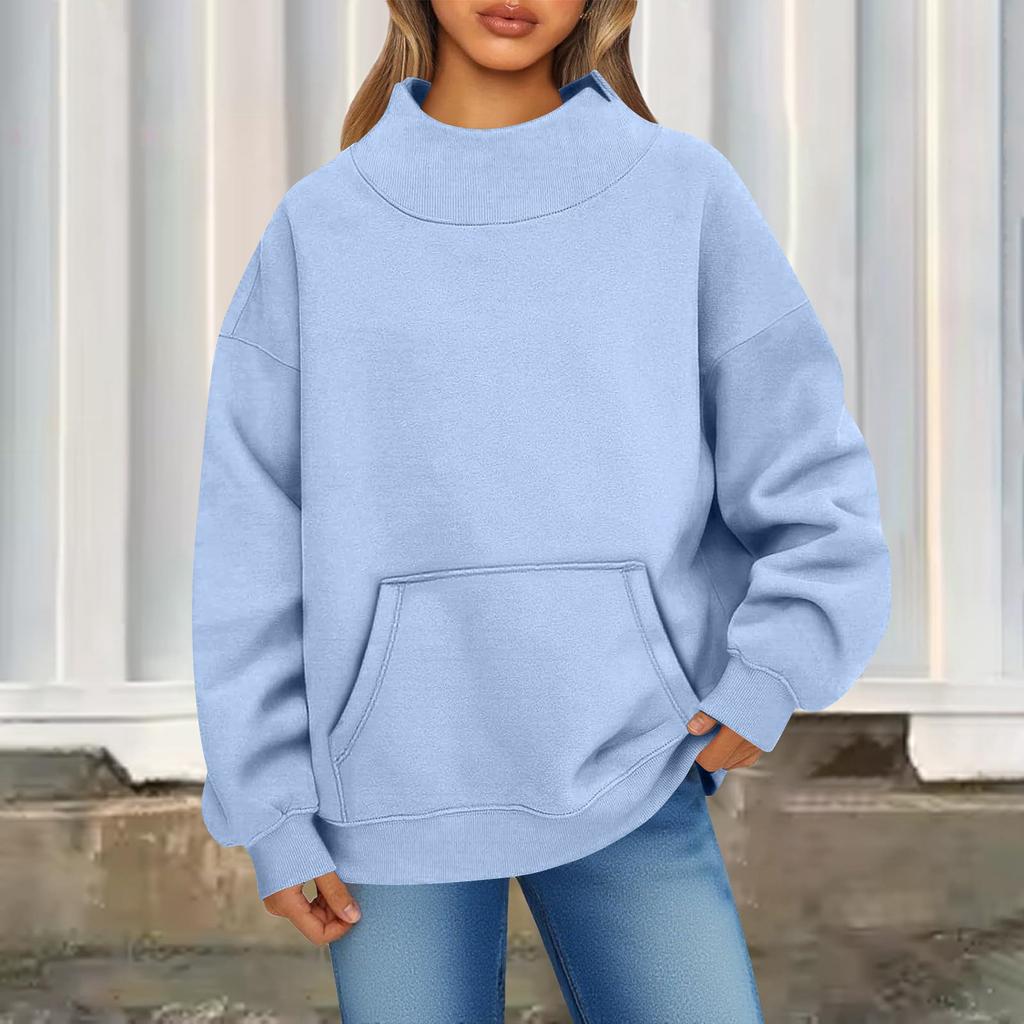 Женский модный повседневный однотонный пуловер с круглым вырезом, длинными рукавами и карманом, спортивный повседневный топ