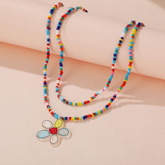 Женский комплект ожерелья, штабелируемые красочные кулонные бусины с цветком и бабочкой, двухслойные, гладкие, в богемном стиле, регулируемые