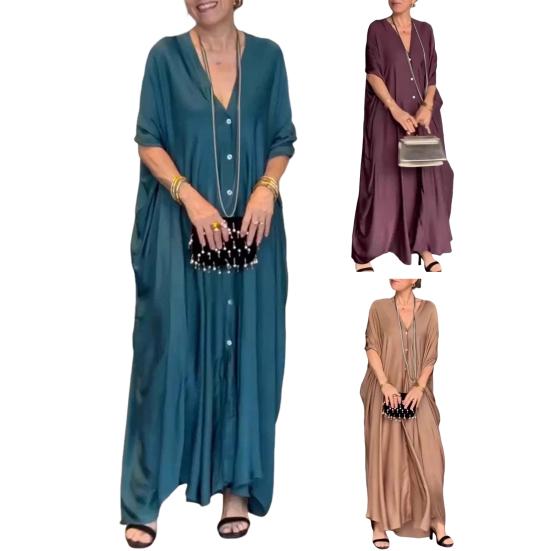 Женское макси-платье с V-образным вырезом, застегивающимся на пуговицы, рукавами «летучая мышь», платье-рубашка, однотонный цвет