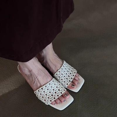 Версия из овчины~ Летняя мода новая плетеная ажурная модная верхняя одежда шпилька однословные шлепанцы крутые шлепанцы женские