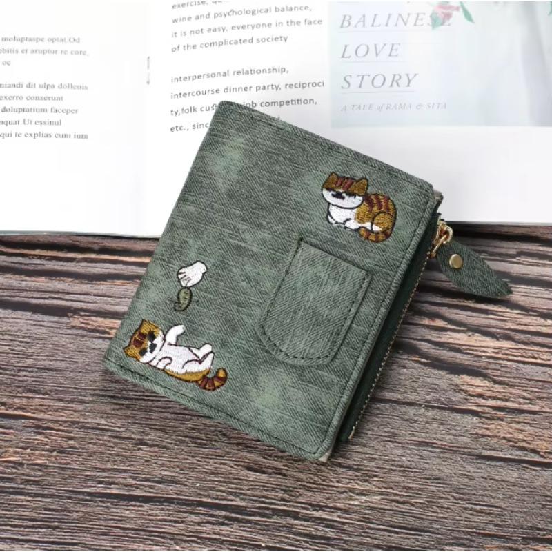 Fashion Cowboy Style Wallet Cat Embroidery Pattern Large Capacity Buckle Phone Pocket Bag Coin Purses for Women Men