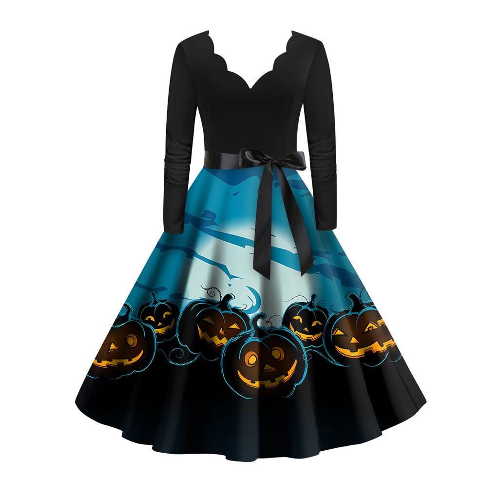 Женское винтажное классическое платье с вырезом на талии и галстуком-бабочкой с длинными рукавами на Хэллоуин с принтом и V-образным вырезом, свободное платье