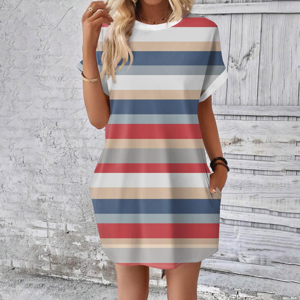 Женское модное летнее свободное платье-футболка средней длины с принтом и короткими рукавами