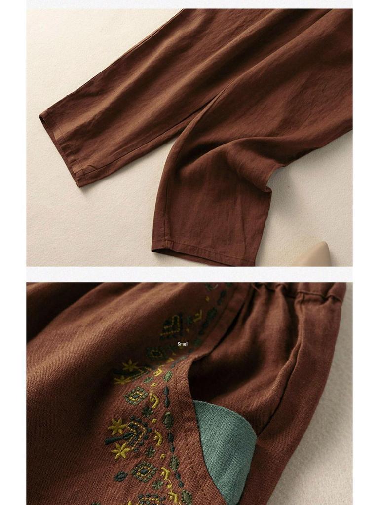 Женские ретро вышитые хлопково-льняные брюки-морковки: 2024 Свободный стиль гарема для весны, лета и осени