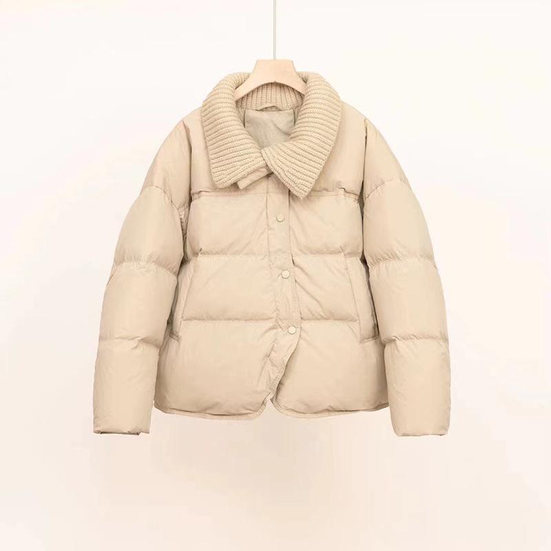 Короткий пуховик с трикотажным лацканом, женский, зима 2024, новый свободный повседневный утолщенный белый пуховик на утином пуху прилив