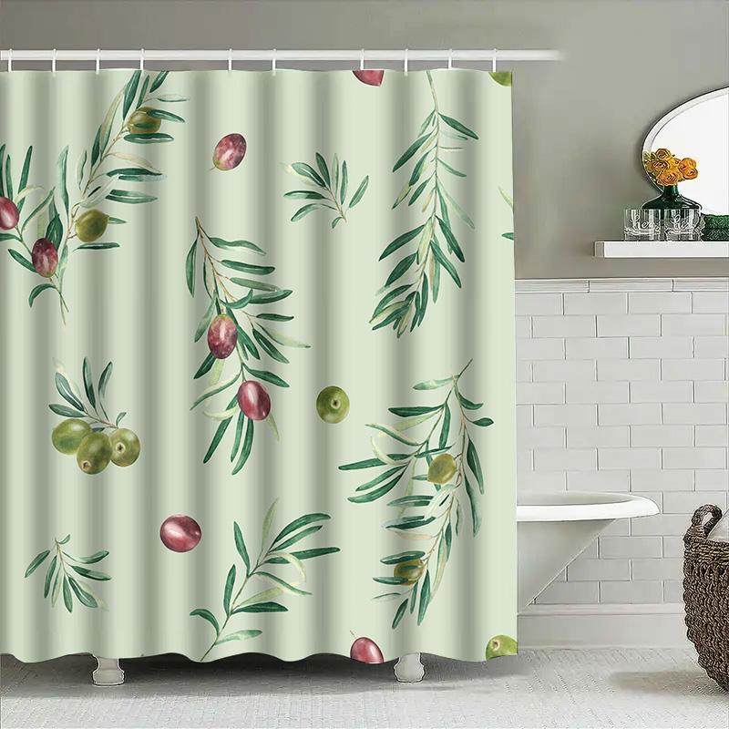 Green Leaves Bath Shower Curtain Olive Branch Waterproof Fabric Wall Hanging Decorative White Green Red Colors Pattern Design Pe