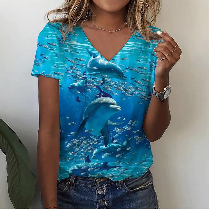 Summer V-neck 3D Infauna Printed Top Fashionable Casual Short Sleeved Women's T-shirts