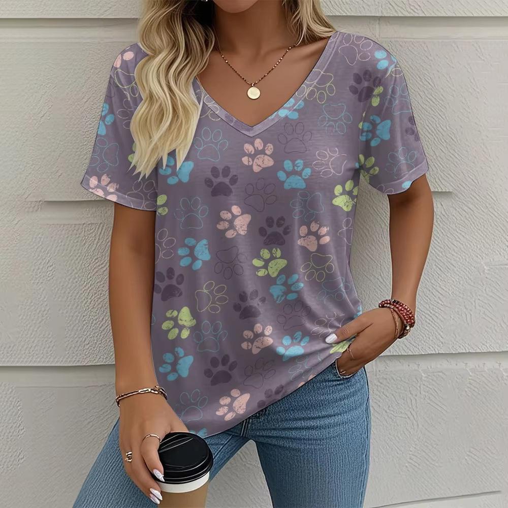 Винтажная женская футболка с принтом лапы собаки, с коротким рукавом, с V-образным вырезом, топы, удобные футболки