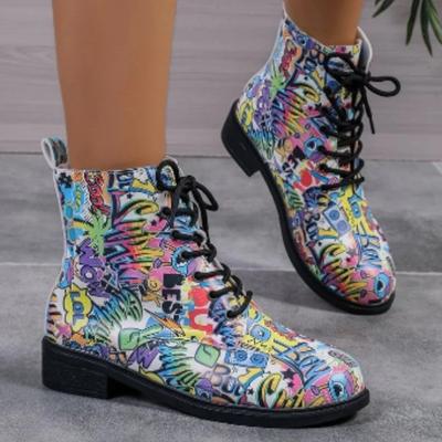 Обувь для женщин 2024 года, модные осенние женские ботинки со шнуровкой, с круглым носком, разноцветный принт, короткие ботинки на низком каблуке для поездок на работу
