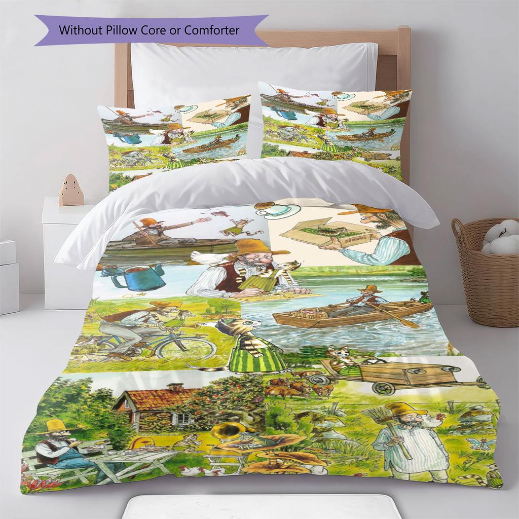 Pettson och Findus Bedding Quilt Set Quilt Cover Pillowcase Home Decoration Birthday Gift (1 * duvet cover + 2 * pillowcase, without core)