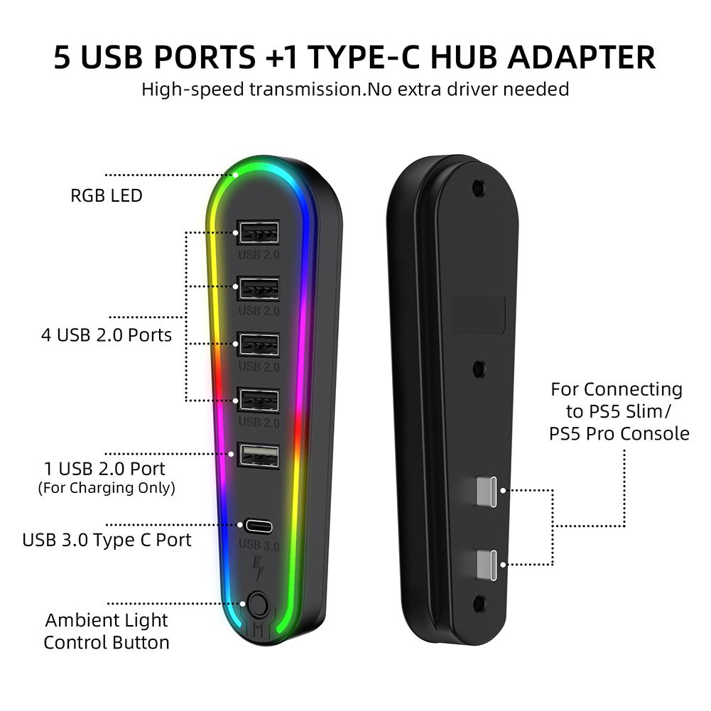 6-портовый USB-хаб, зарядное устройство, адаптер-конвертер с RGB-подсветкой, концентратор для расширения, удлинитель для передачи данных для PlayStation 5 Pro/Slim