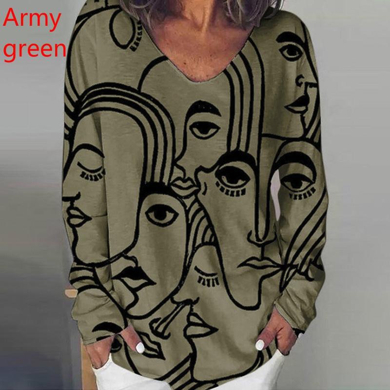 Новая Женская Мода Тренд Одежда Свободная Повседневная С Длинным Рукавом Футболка с V-образным вырезом и Принтом Персонажа и Блузки Больших Размеров Топы