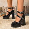 Fashion Belt Buckle Platform Heels Summer New Retro Round Toe Shallow Mouth Metal Buckle Non-Slip Block Heel Single Shoes